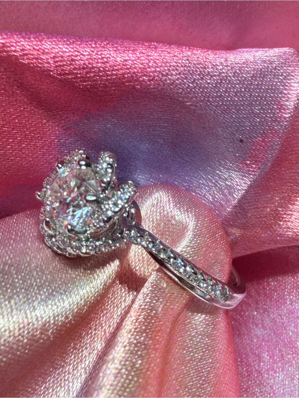 New 1 Carat Moissanite Ring with floral Halo accents and Pave' Band - Picture 5 of 13